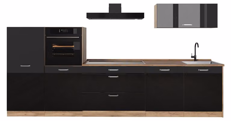 Cucina componibile Vicco R-Line Nero lucido/Rovere dorato 340 cm senza piano di lavoro, Model 66536