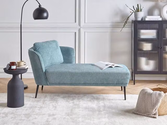 Chaise longue BELIANI in tessuto bouclé blu con cuscini stile retrò, lato sinistro, L/P/H: 148 x 70 x 64 cm