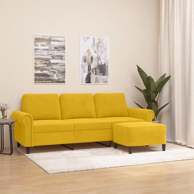 Divano a 3 Posti con Poggiapiedi-Sofa 3 Posti con Poggiapiedi Giallo 180cm in Velluto 108403