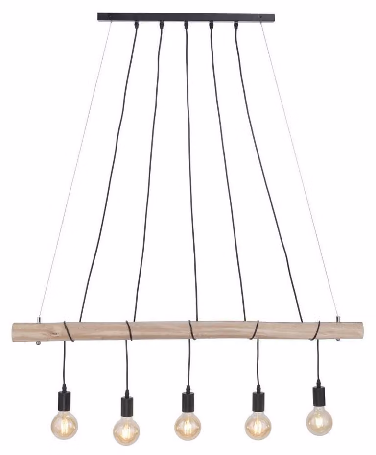 Lampada a sospensione, struttura in legno naturale, cavo nero, lunghezza 120 cm