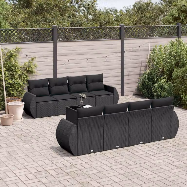 vidaXL Set Divani da Giardino 9 pz a Forma a U con Cuscini e Tavolino Nero in Polyrattan e Acciaio