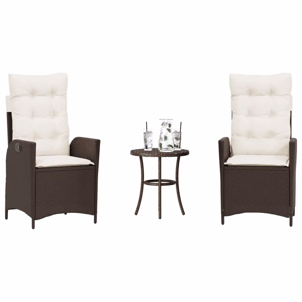 Set Bistrò vidaXL da 3 pezzi in Polyrattan Marrone con Cuscini Bianchi per Giardino e Terrazzo