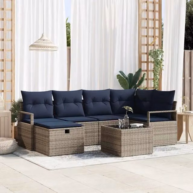 Set di divani 7 pz Grigio e Blu Navy polyrattan 3359194