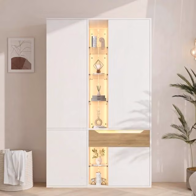 Armadio 122 x 50 x 200 cm; vetrina in vetro; LED; 1 asta appendiabiti; 1 cassetto; 6 scomparti chiusi e 6 aperti; bianco