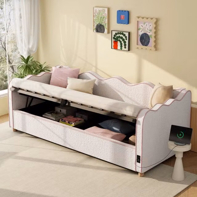 Letto imbottito con contenitore idraulico Minimal beige in tessuto bouclé con porta USB e schienale L/P/H: 90 x 200 x 102,5 cm – 1