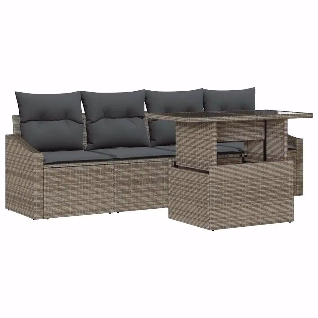 Set Divano da Giardino vidaXL 5 Pezzi in Polyrattan Grigio con Cuscini e Tavolino – 2