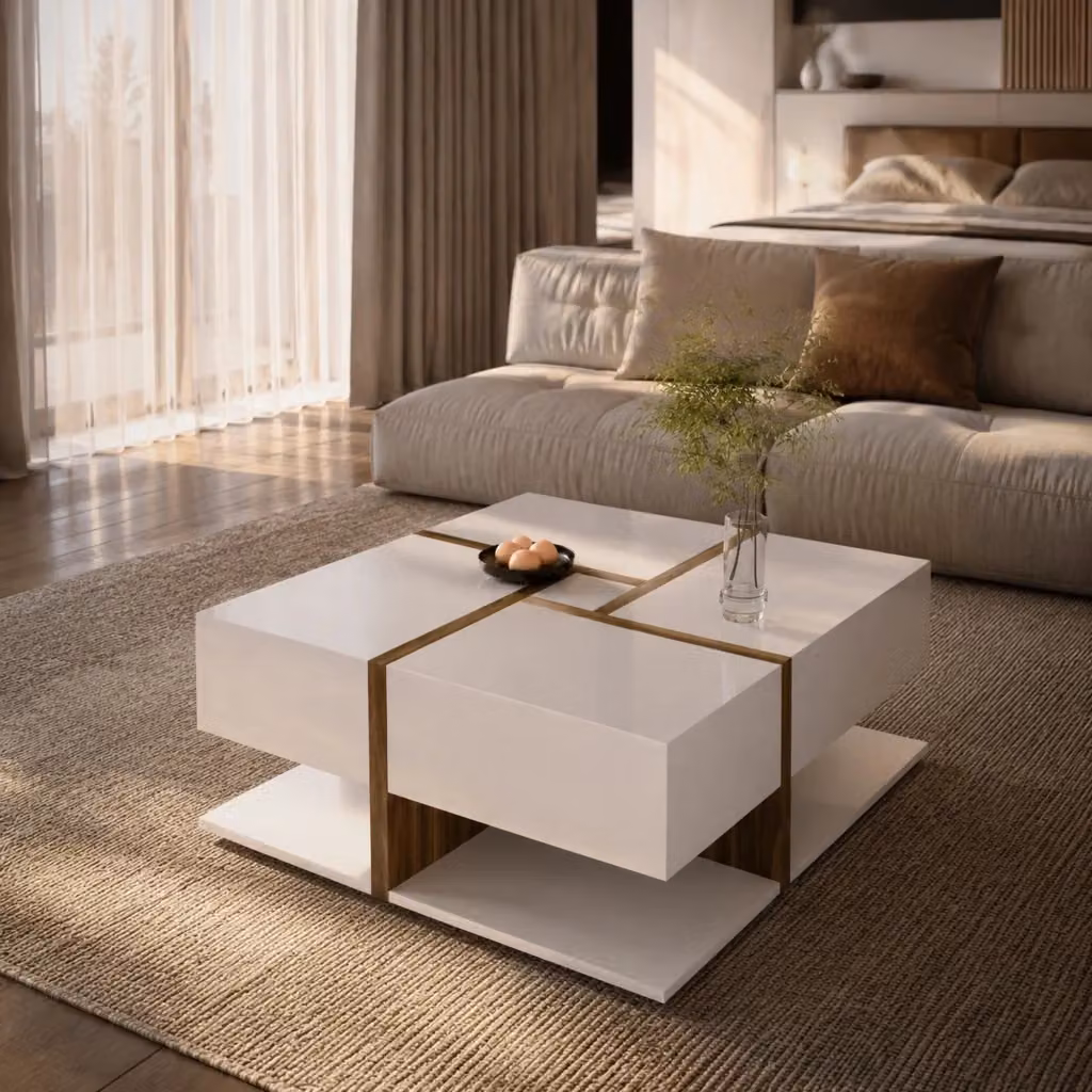 Tavolino basso Mivray con 4 cassetti e ripiano inferiore, finitura lucida bianco e legno, L/P/H: 78 x 78 x 34.8 cm – 2