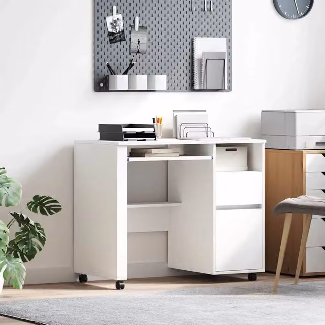 Scrivania moderna vidaXL bianca con ruote in legno MDF L/P/H: 91 x 50 x 77 cm – 1