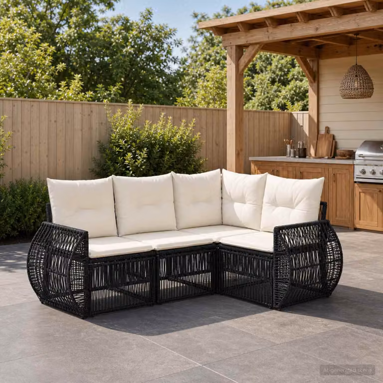 Set Divano da Giardino vidaXL 4 pz a Forma a L con Polyrattan e Cuscini Imbottiti, Colore Nero e Bianco Crema