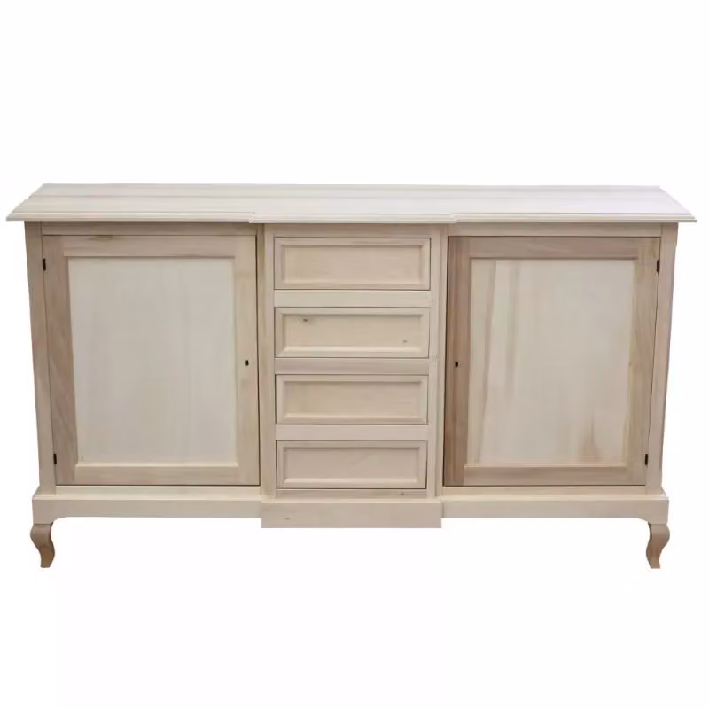 Madia credenza in legno grezzo con 2 ante e 4 cassetti Mobili 2G L: 201 cm, P: 52 cm, H: 113 cm