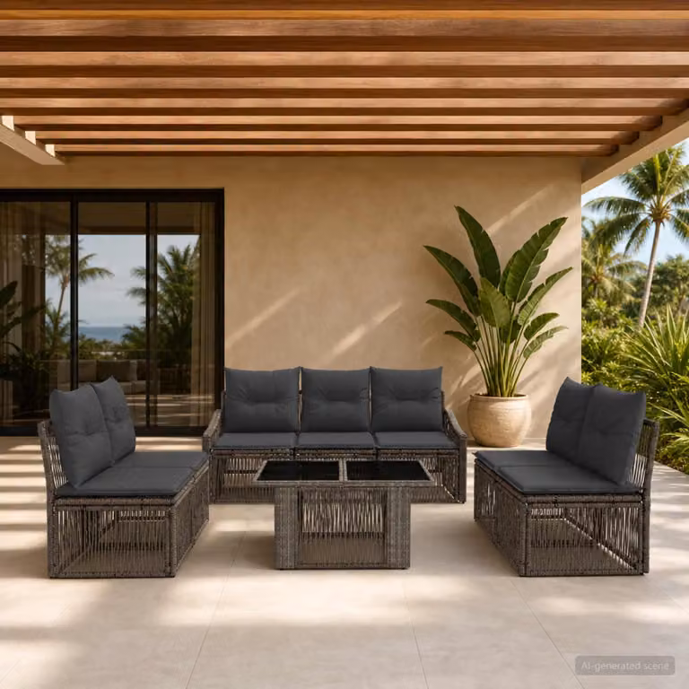 Set Divano da Giardino vidaXL 8 Pezzi a Forma di U in Polyrattan Grigio e Antracite con Cuscini e Tavolino