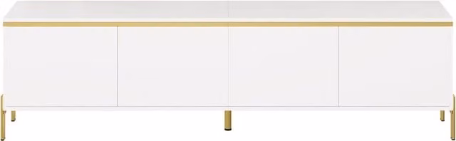 Mobile TV moderno bianco lucido con quattro ante, bordo dorato e fori passacavi, 170x38x50 cm