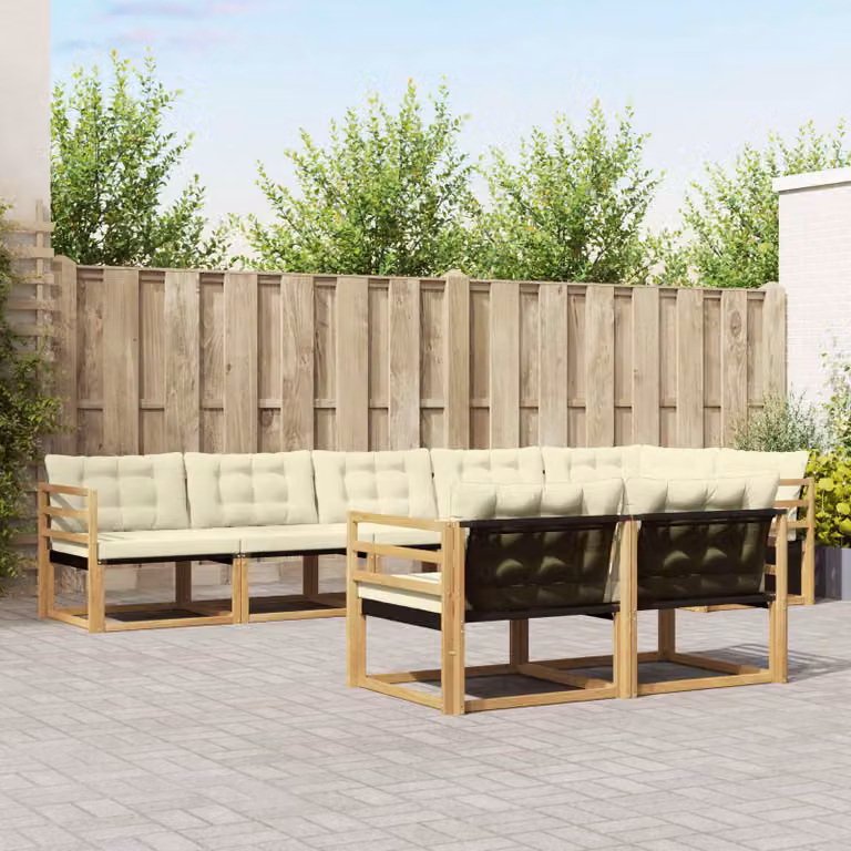 Set di divani da esterno vidaXL a forma di L composto da 8 pezzi in legno di acacia e tessuto textilene, colori bianco, beige e marrone con cuscini inclusi