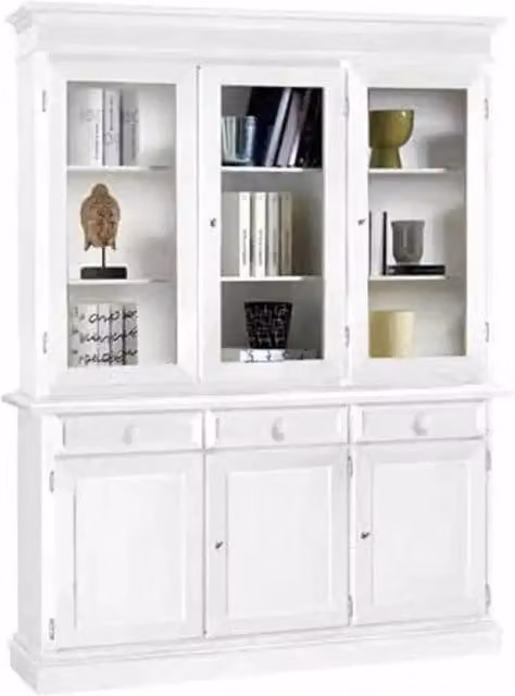 Cristalliera 6 ante 3 cassetti arte povera in legno massello e mdf con rifinitura in bianco 156x42x205 H