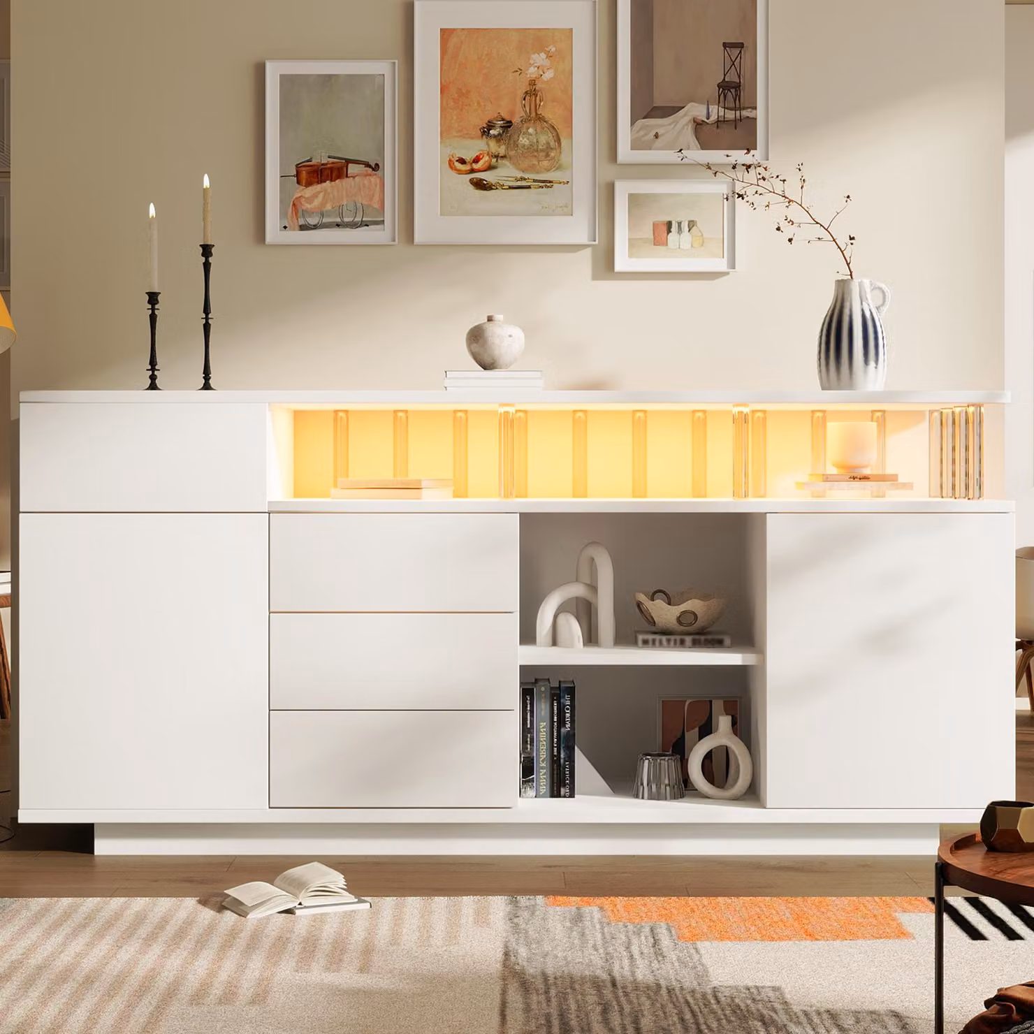 Comò Flieks per il soggiorno con illuminazione LED, mobile contenitore con 4 cassetti e ripiani regolabili, credenza 160x40x75 cm, bianco