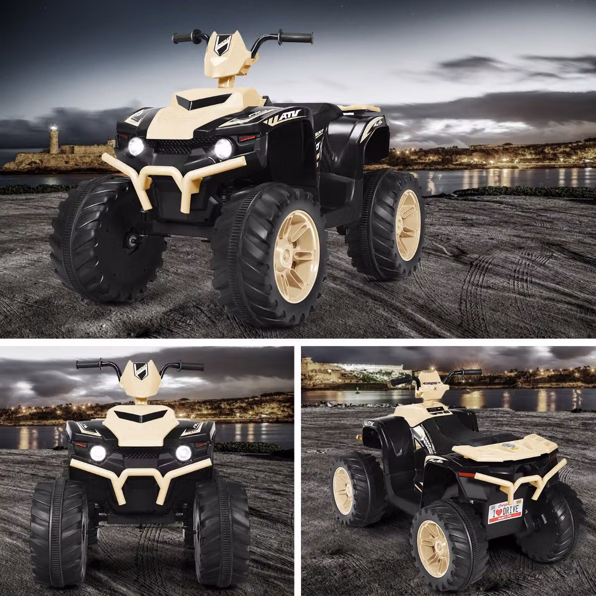 Quad elettrico per bambini Costway 12V con musica e luci LED, quad a batteria con sedile comodo, Giallo terroso, L: 104 cm, P: 67 cm, H: 74 cm