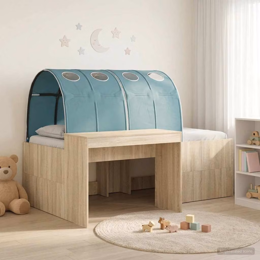 Letto singolo rialzato per bambini vidaXL con tunnel e scomparti laterali, Rovere e Azzurro, L: 203 cm, P: 133,5 cm, H: 120 cm