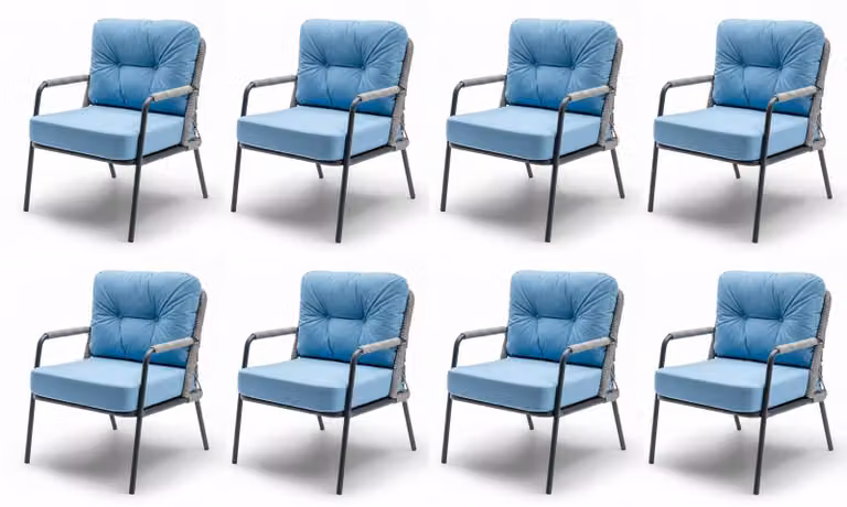 Sedia azzurro-grigio, stile moderno, struttura in metallo, intreccio, nuova