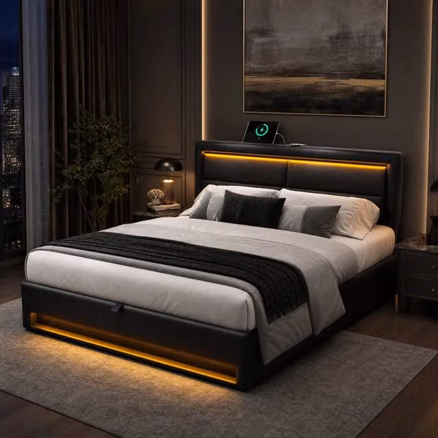 Letto imbottito 140x190 cm con LED, USB e ricarica wireless in PU nero