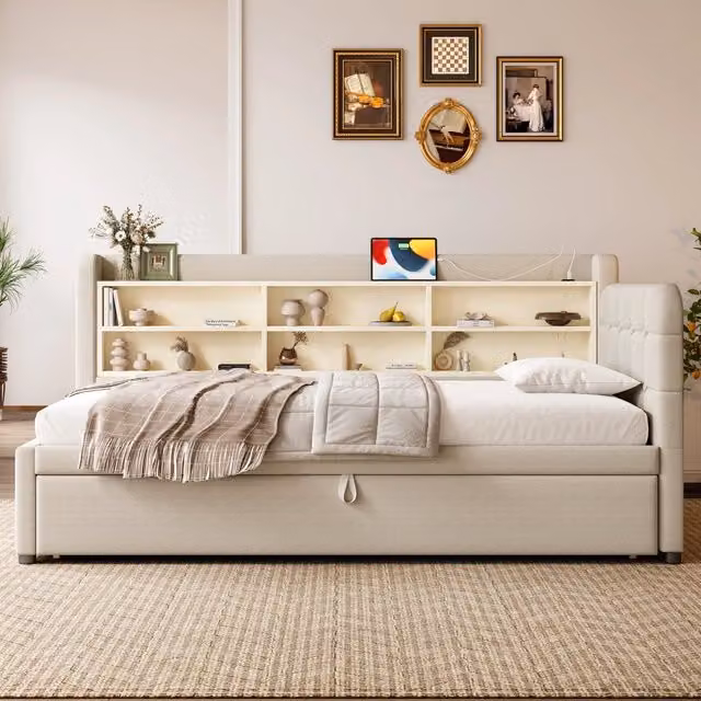 Letto Mivray con letto estraibile e testiera a bottoni, dotato di porte USB e Type-C e ripiani laterali, colore beige, L/P/H: 207 x 90 x 101,5 cm