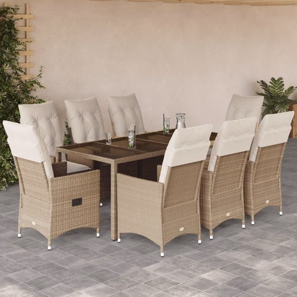 Set da Pranzo da Giardino vidaXL in Polyrattan con Cuscini Beige e Piano in Vetro, 9 Pezzi – 1