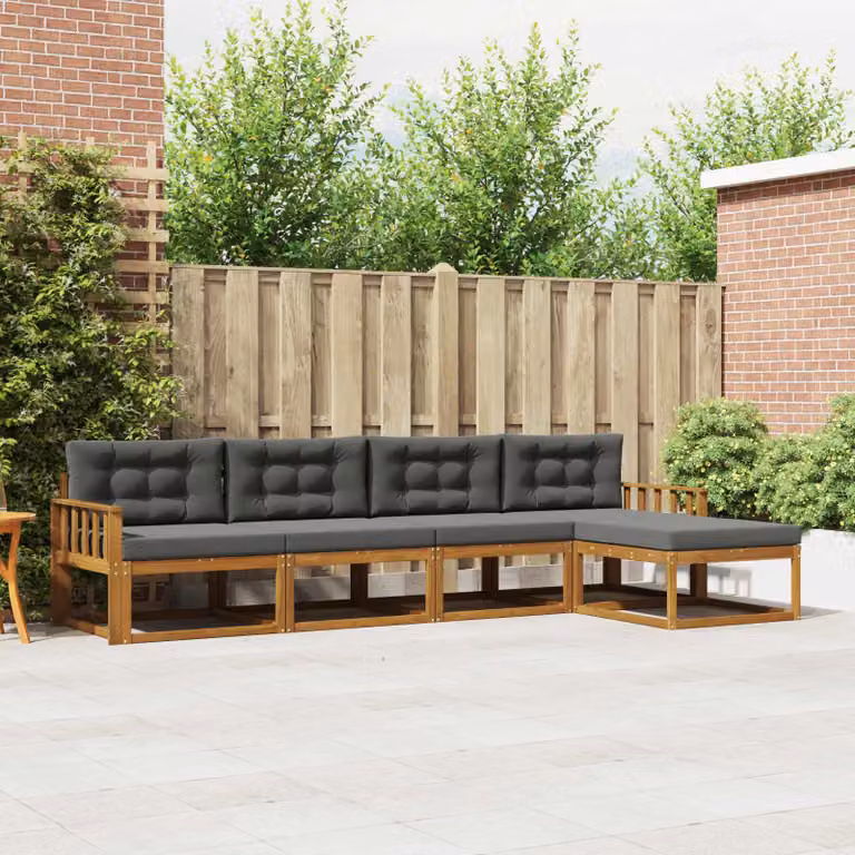 Set di divani da esterno a L vidaXL in legno di acacia con pouf, colore marrone e antracite