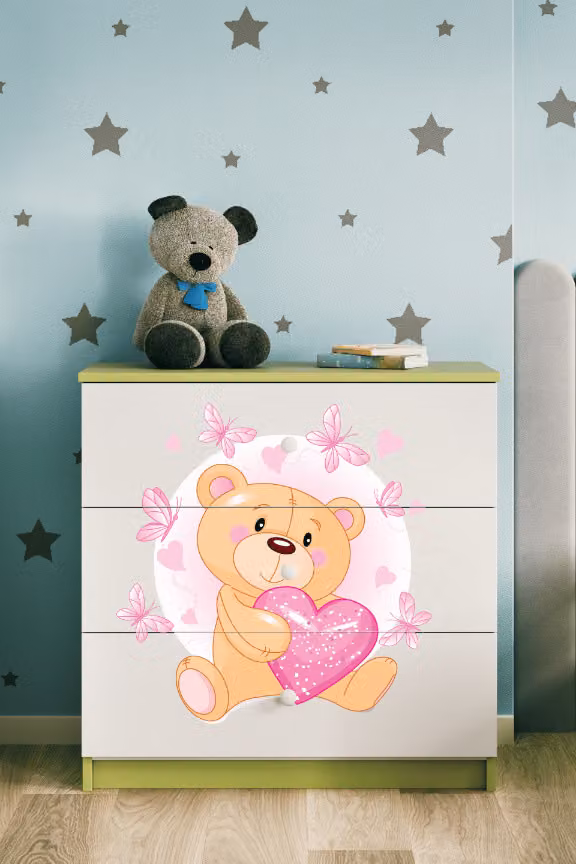 Cassettiera per bambini orsetto farfalle nel colore verde Babydreams