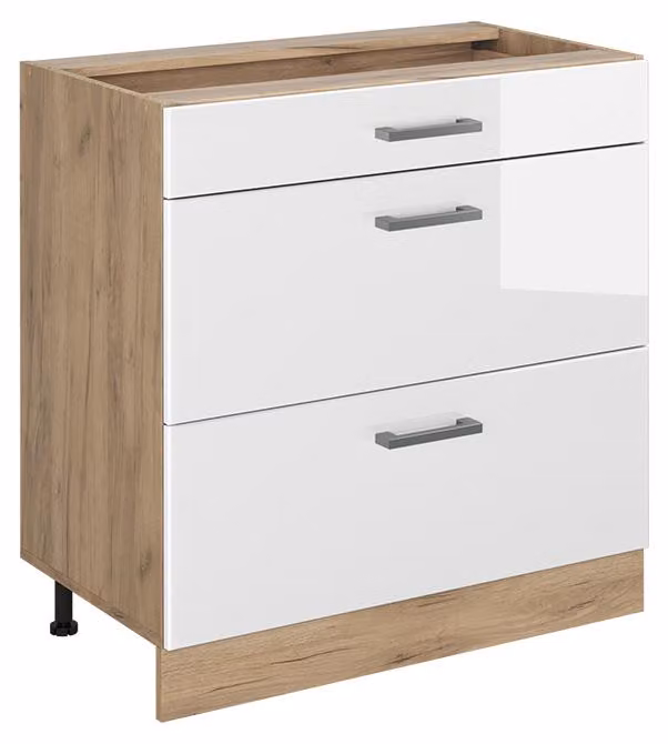 Mobiletto base per cucina Vicco R-Line Bianco lucido/Rovere dorato 80 cm con 3 cassetti senza piano di lavoro, Model 72463