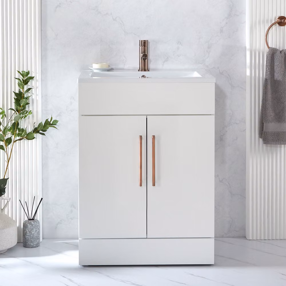 Mobile Bagno a Terra Bianco da 610mm con Lavabo e Maniglie con barra a T in Bronzo Spazzolato - Cluo