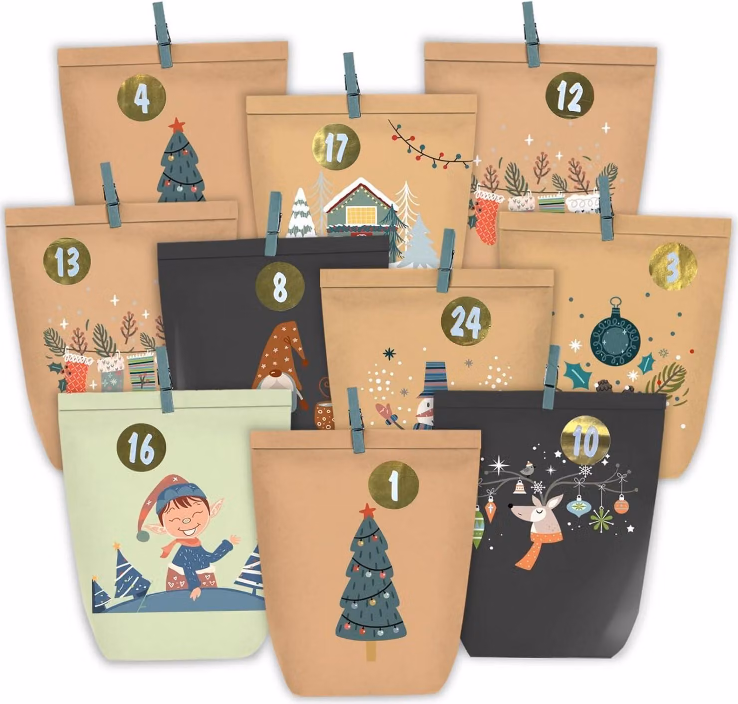 Calendario dell'avvento in sacchetti di carta da riempire, 24 calendari di Natale con adesivi, sacchetti regalo fai da te marrone nero