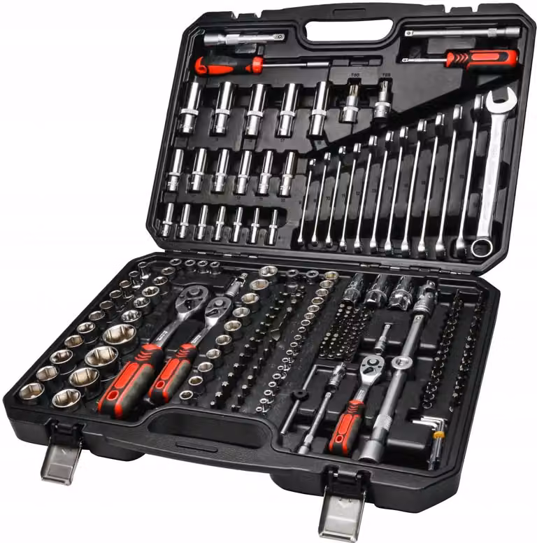 Set di utensili Schmith: set di chiavi a bussola, cassetta portachiavi, cassetta a cricchetto, 1/4, 3/8, 1/2 pollici, 222 pezzi. Utensili professionali per officina, ideali per bricolage e meccanici