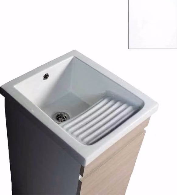 Mobile Lavatoio in Ceramica 1 Anta e Strofinatoio Integrato 45x50x86A cm Bianco Opaco