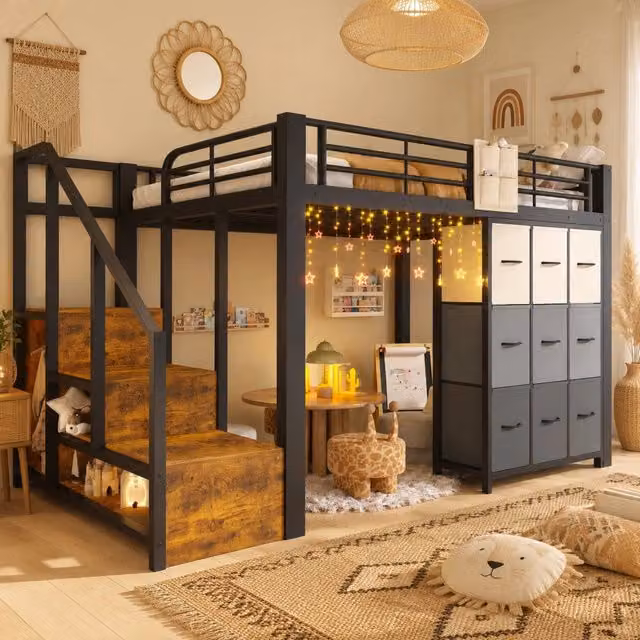 Letto a soppalco 140×200 cm 2 posti, cassetti, scala con vani e barra appendiabiti, senza materasso, nero