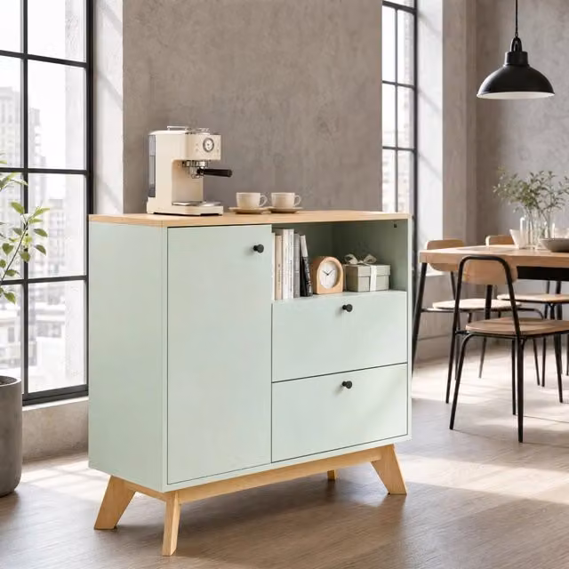 Credenza verde chiaro e rovere con 2 cassetti, anta e vano aperto