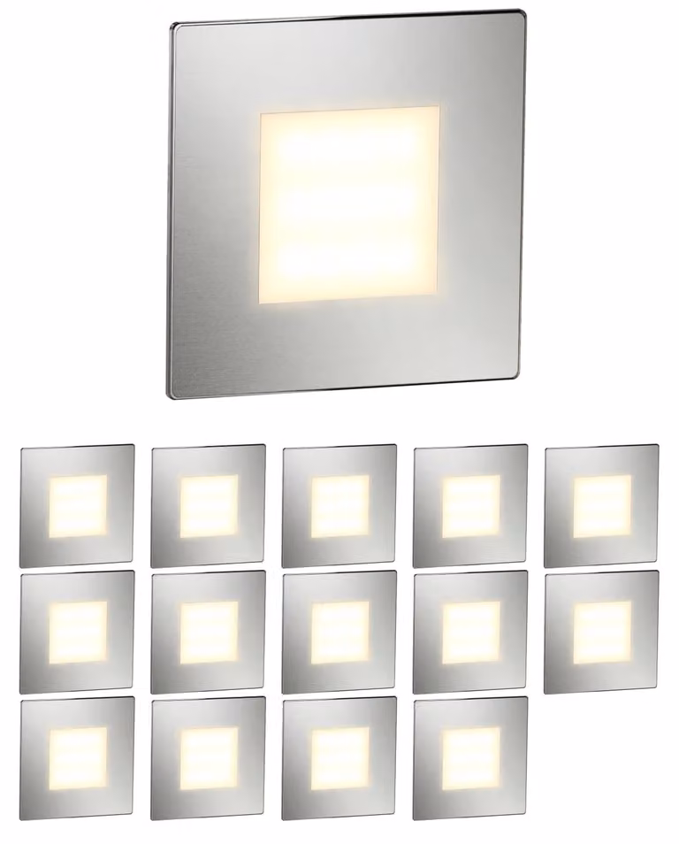ledscom.de - 15 luci a LED per scale/applique da incasso FEX, adatte per interni ed esterni, a forma quadrata, in acciaio inossidabile, 85 x 85 mm, luce bianco caldo