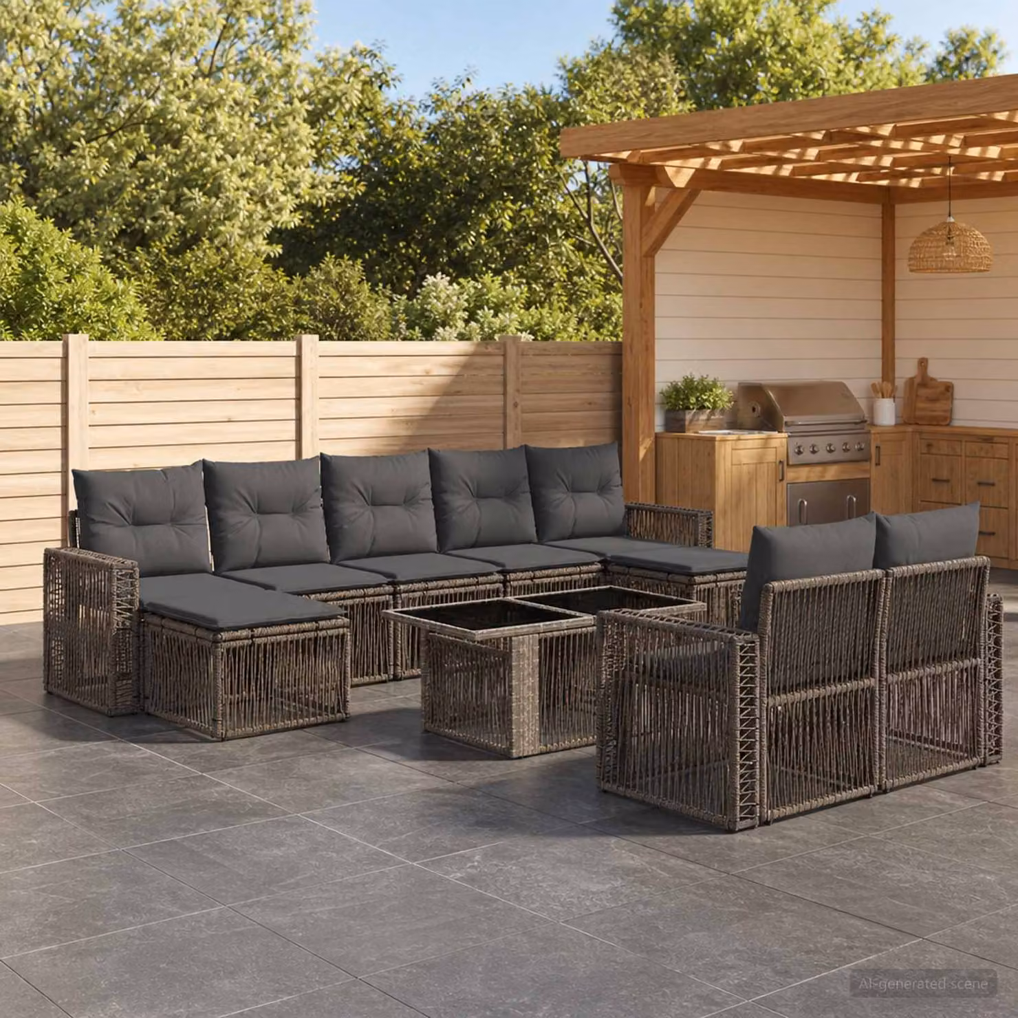 Set Divano da Giardino vidaXL 10 Pezzi in Polyrattan Grigio e Antracite con Cuscini e Tavolino
