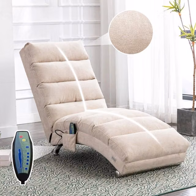Chaise longue massaggiante fissa con schienale ergonomico a 140° e tasca laterale in lino beige 55 × 148 × 84 cm