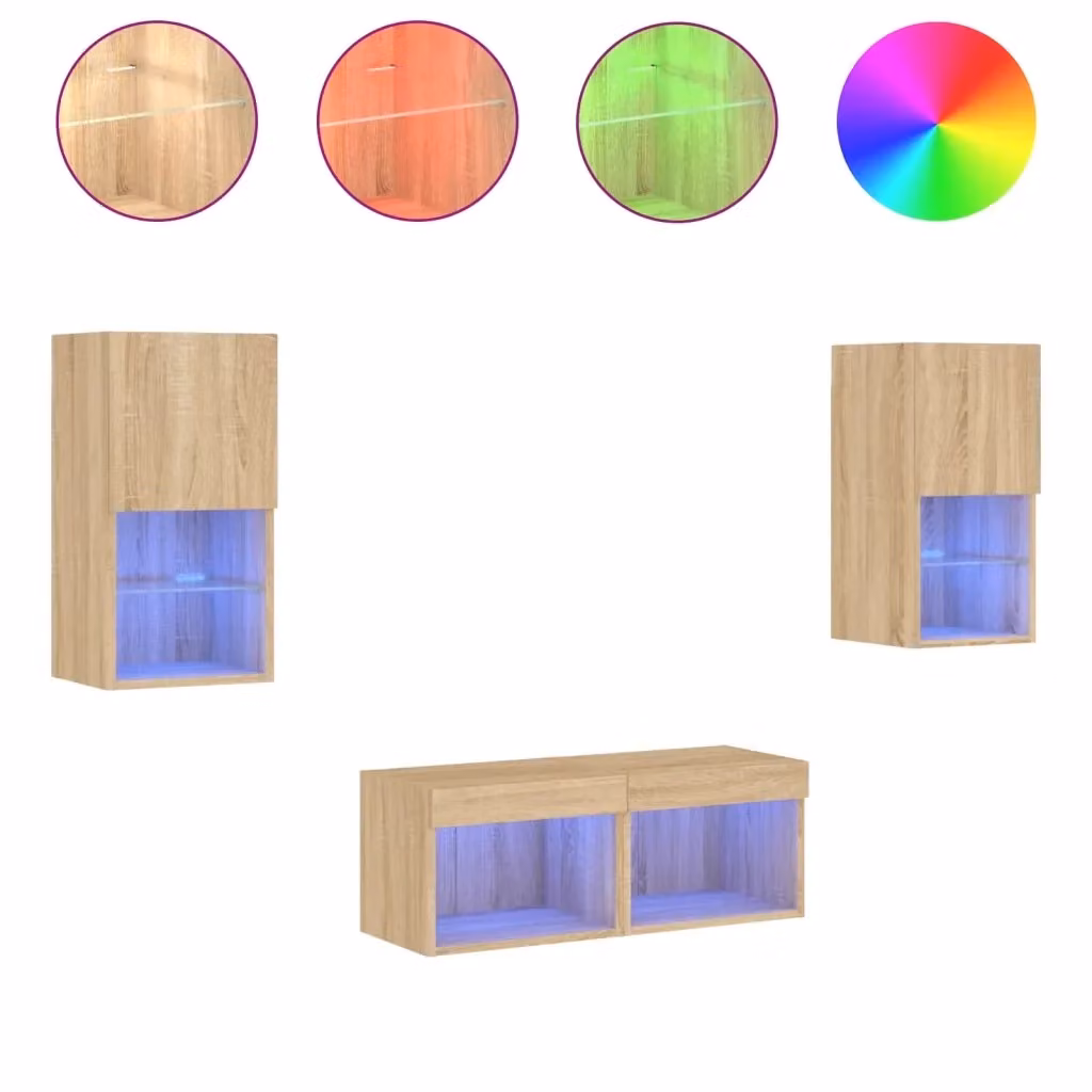 Set di mobili TV da parete vidaXL in 4 pezzi con luci LED integrate, design moderno in rovere con finitura opaca, colore beige e marrone – 2