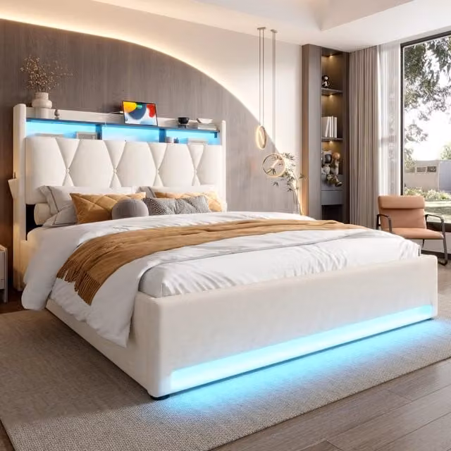 Letto Contenitore REDOM in Velluto Beige con Illuminazione LED e Porte USB/Type-C L/P: 160 x 200 cm