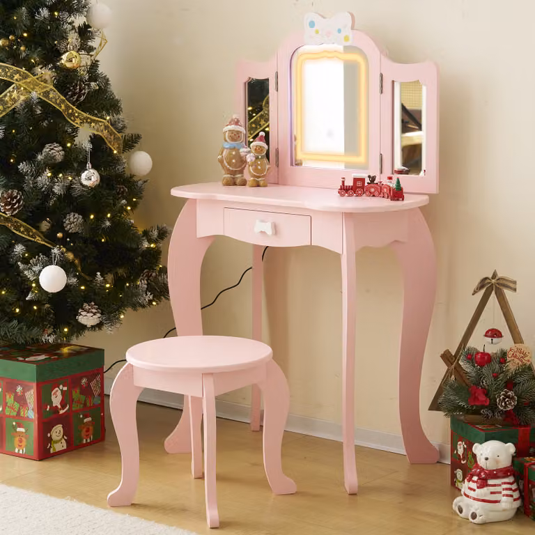 Tavolino da trucco per bambini ALIGHTUP con luci LED, sgabello, specchio, specchio triplo, luminosità regolabile, colore rosa