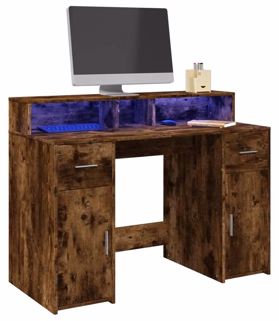 Scrivania - Arredamento per l'ufficio - Scrivania per computer - Tavolo per laptop - Colore: noce affumicato - Illuminazione LED RGB regolabile