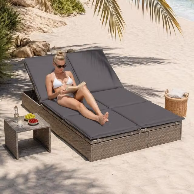 Sun Lounger For 2 People With Cushion, Grey Poly Rattan