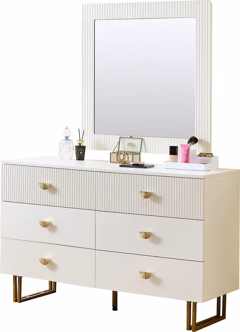 AIORBER Moderna credenza e specchiera con cassettiera a 6 cassetti e specchio a parete 80x80 cm, contenitore per corridoio camera da letto soggiorno, bianco