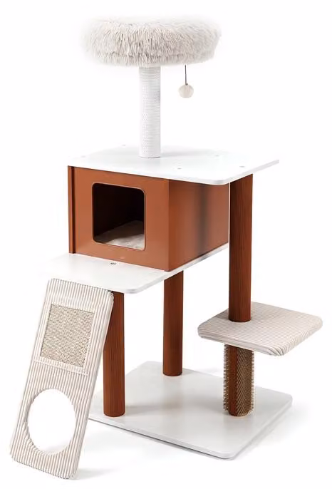 KOMFOTTEU, tiragraffi moderno per gatti, con palo da graffio, palo con spazzole, tappetino in sisal, cuccia, piattaforma, casetta, altezza 130 cm, mobile stabile per gattini e gatti adulti