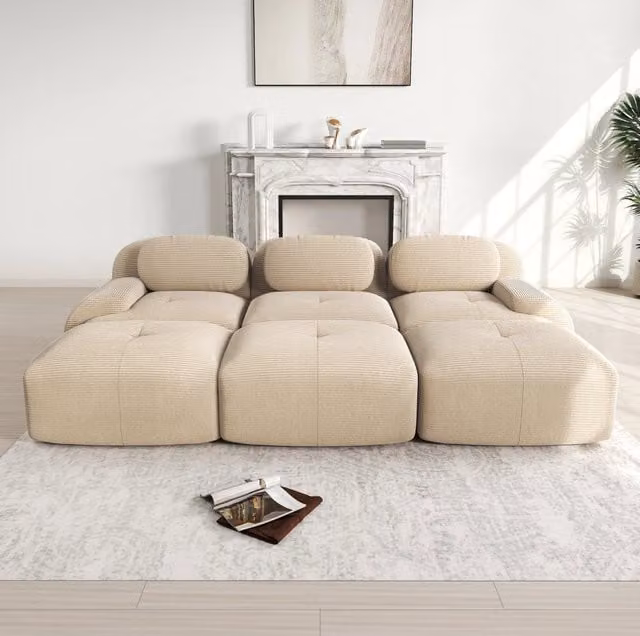 Divano angolare modulare 298x178x70 cm senza telaio in velluto a coste beige