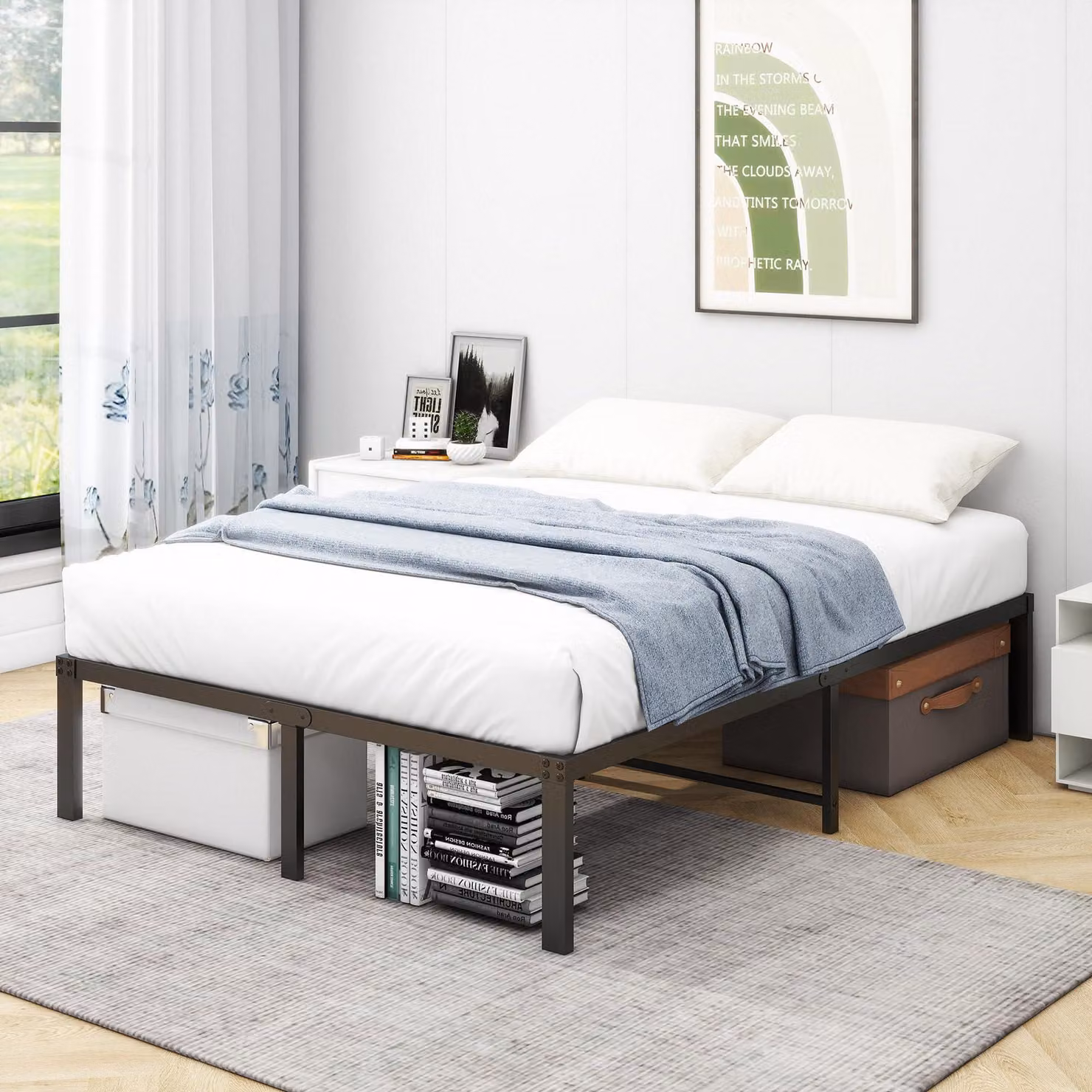 Letto a piattaforma in metallo, 120x200 cm, con rete a doghe, colore nero, altezza 36 cm