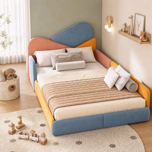 Letto imbottito REDOM in velluto patchwork multicolore per cameretta bambini L/P: 140 x 200 cm