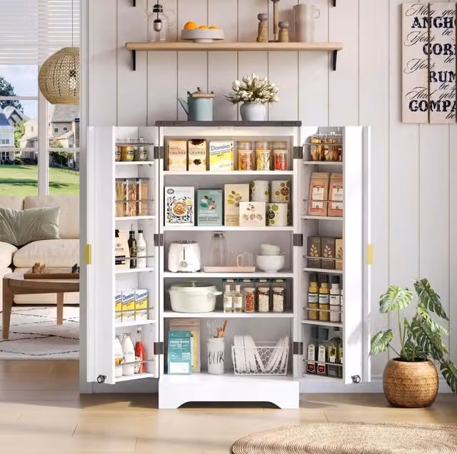 Armadio da cucina bianco con luci LED a sensore e portarotoli, doppia anta con ripiani regolabili, 120 x 60,5 x 40 cm