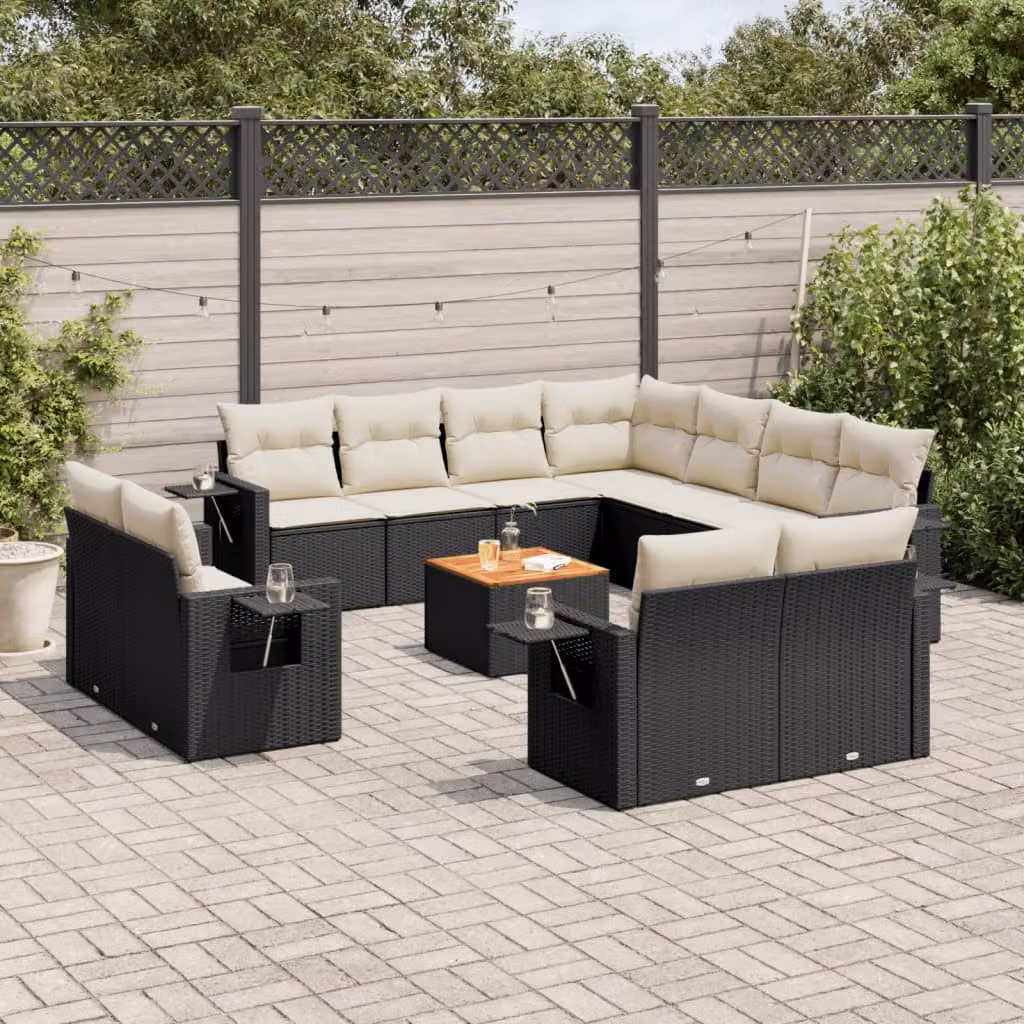 vidaXL Set Divani da Giardino 12 pz in Polyrattan Nero con Cuscini e Tavolino da Esterno – 1