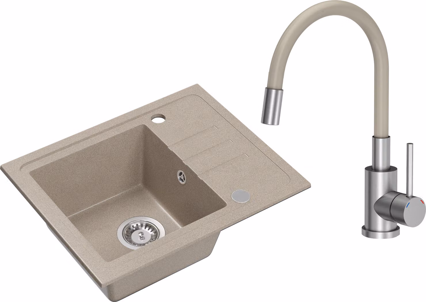 VBChome Lavello in granito beige con rubinetteria 55 x 44 cm Lavello da incasso a vasca singola Macchiettato Lavello in granito reversibile Sifone Lavandino Rubinetteria Beige